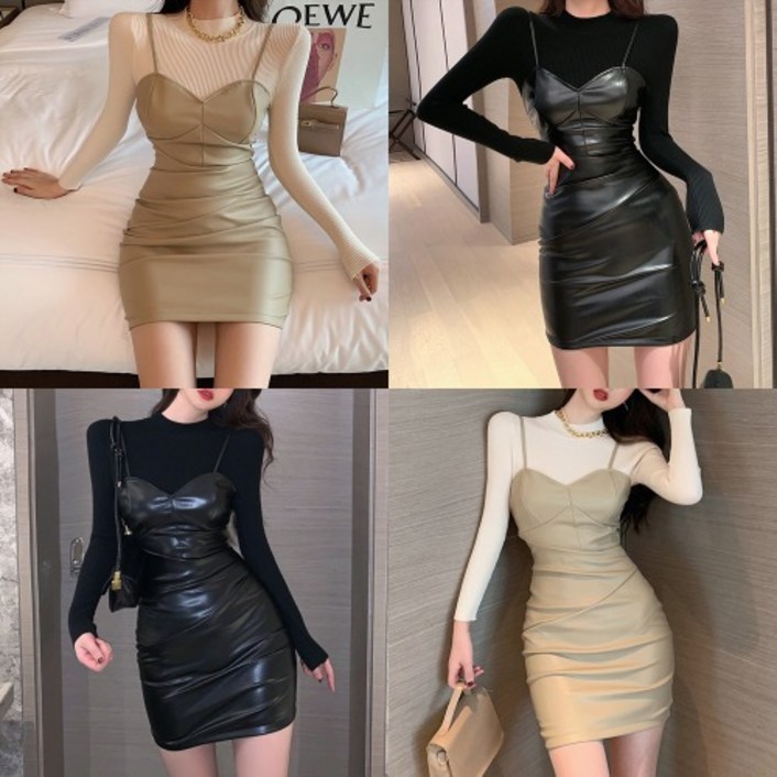 [당일배송]골지니트 & 레더뷔스티에 원피스