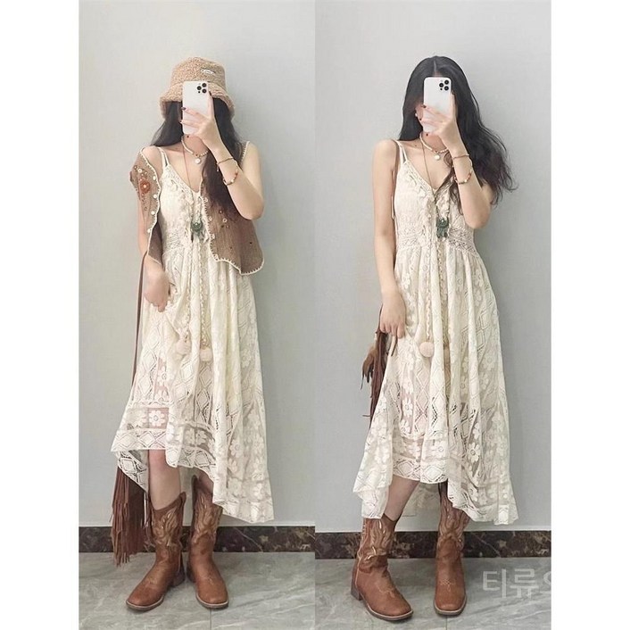 티류으스 여성 뷔스티에 끈나시 원피스 에스닉 보헤미안 플라워 레이스 ZA