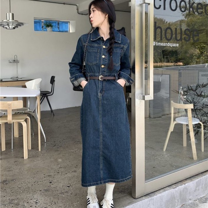 SAHINER 봄가을 여성 데님 셔츠 롱원피스 A라인 캐주얼 오버핏 LW2686