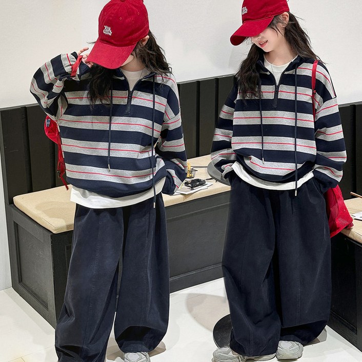 비비키드 여아 신상 겨울 기모 초등생 단가라 반집업 긴팔 줄무늬 상의 초중생 하의 긴바지 주니어 세트 초등생 상의+하의 (77782)