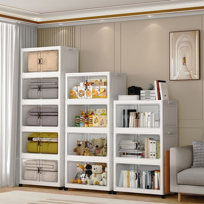 Kleeno 접이식 설치 면제 양문 수납장 3단 4단 5단 이동식 다용도 수납장 가정 베란다 거실용 수납장 간식 장난감 수납장 리빙박스 정리함 수납함