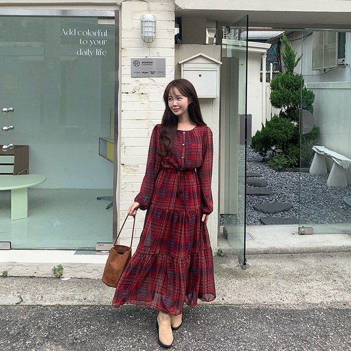 [가을신상] 소녀 타탄체크 스트링 롱 쉬폰 프릴 롱 원피스