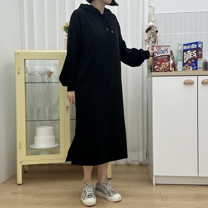 쥐베리 자체제작 국내생산 오버핏 데일리 꾸안꾸 롱 기모 후드 원피스