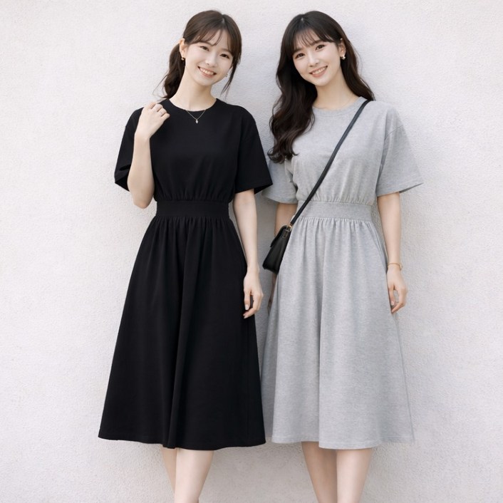 여성 반팔 플레어 롱원피스 허리밴딩 체형커버 편안한 데일리룩