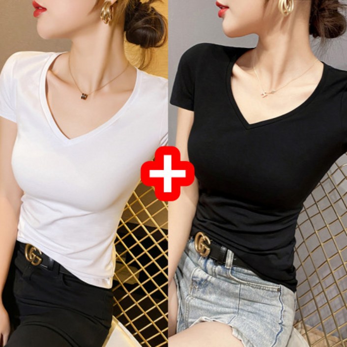 에르모소 1+1 여성 슬림핏 무지 반팔 티셔츠 반팔티 여자 여름 기본 티셔츠 H-C026