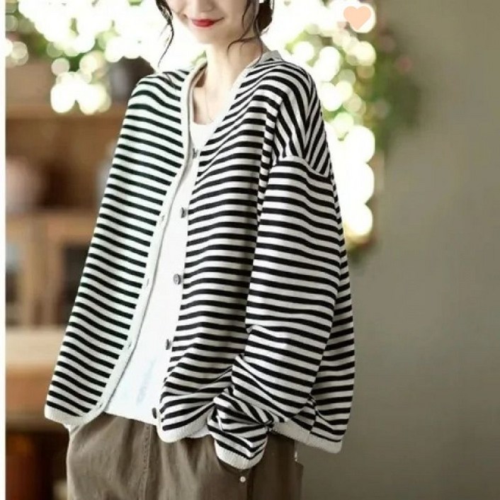 Seofst 여성 빅사이즈 루즈핏 스트라이프 가디건 아우터