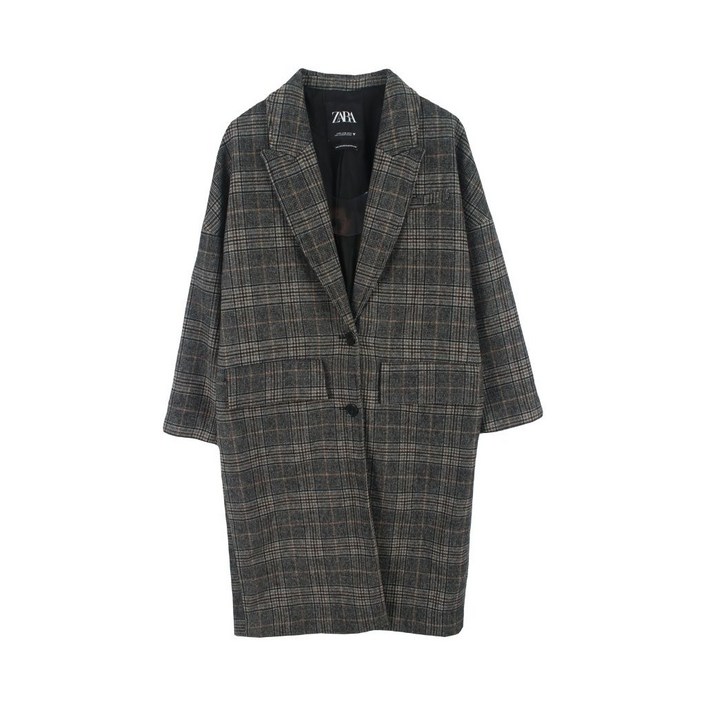 자라 (WOMEN - XS) 울 블렌드 체크 패턴 롱 코트