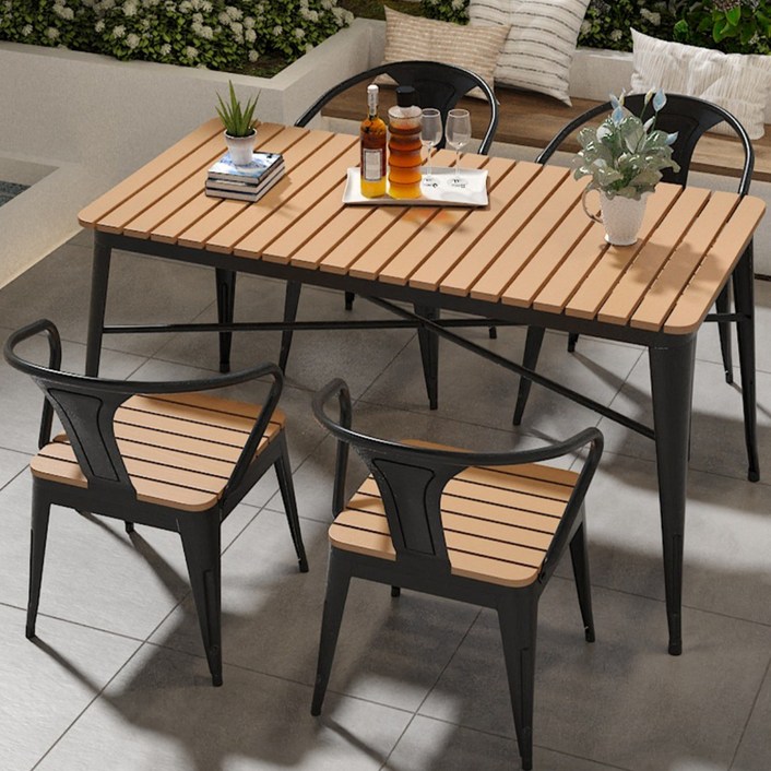 에버파티오 모던 야외 테이블 의자 세트 감성 카페 방수 테라스 가구 가든 정원 인테리어 목재 철제 데크, 블랙