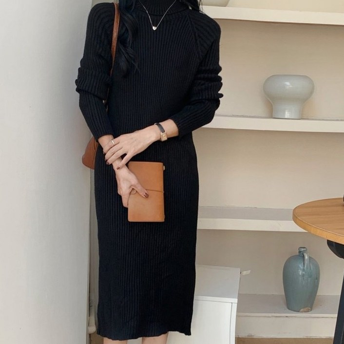 여성 폴라 골지 니트 원피스 / 롱 원피스, 레글런핏 데일리 겨울 원피스