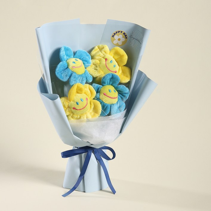 뷰티풀데코센스 해피 스마일꽃 인형 꽃다발 + 스티커 세트, 블루, 1개