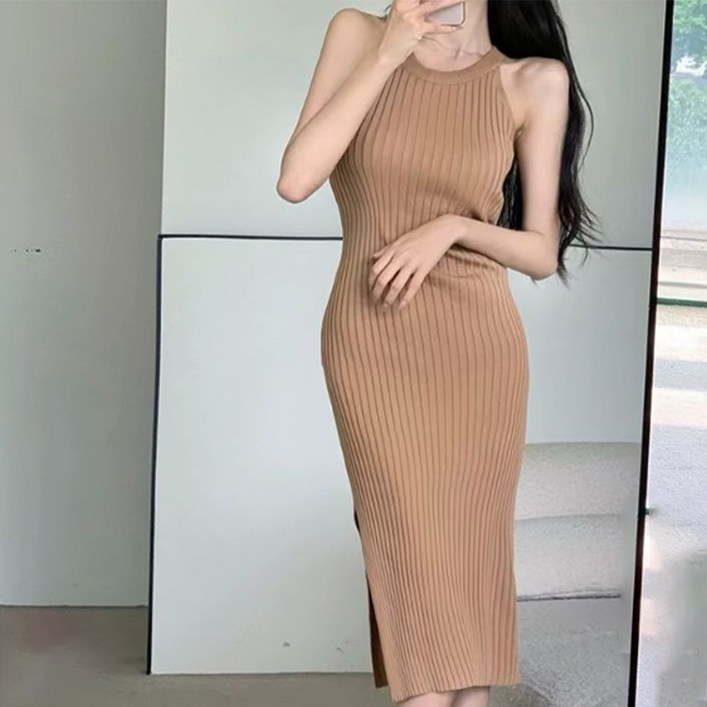 비비에모 홀터넥 골지 미디 원피스 06914