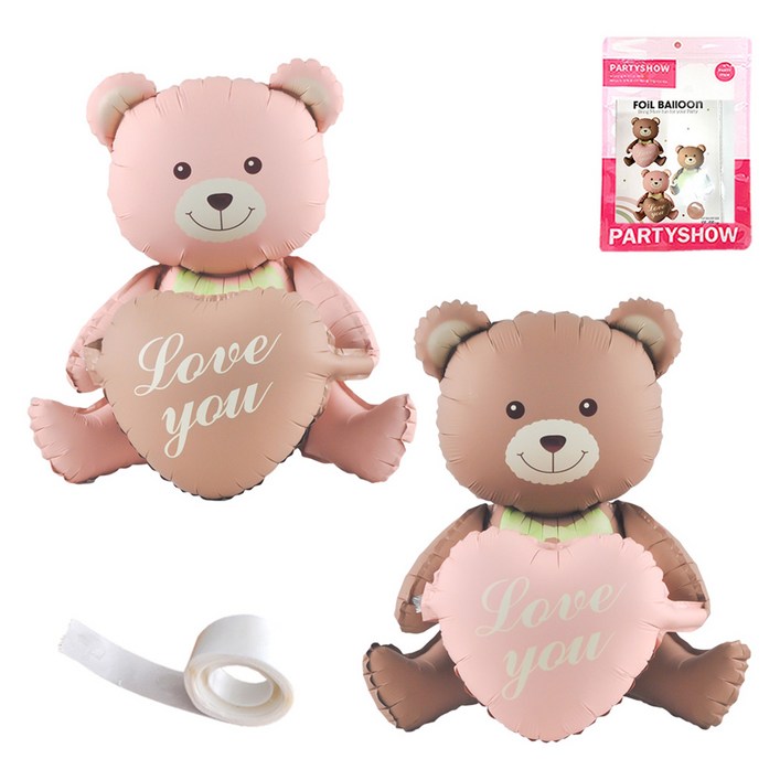 파티쇼 생일 프로포즈 곰돌이 은박 풍선 러브 하트 2p  글루닷 접착 스티커 세트