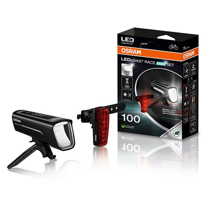 오스람 충전식 자전거 LED RACE 100 전조 후미등 세트, 1세트, 혼합색상