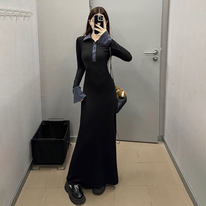 루나걸 여성용 테일 배색 니트 롱원피스 L25FOPS070820