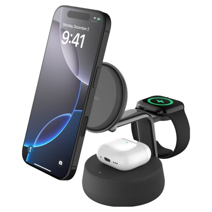 벨킨 울트라차지 프로 3in1 Qi2 25W 마그네틱 초고속 무선 충전기 스탠드형 WIZ040krCH, 차콜, 1개
