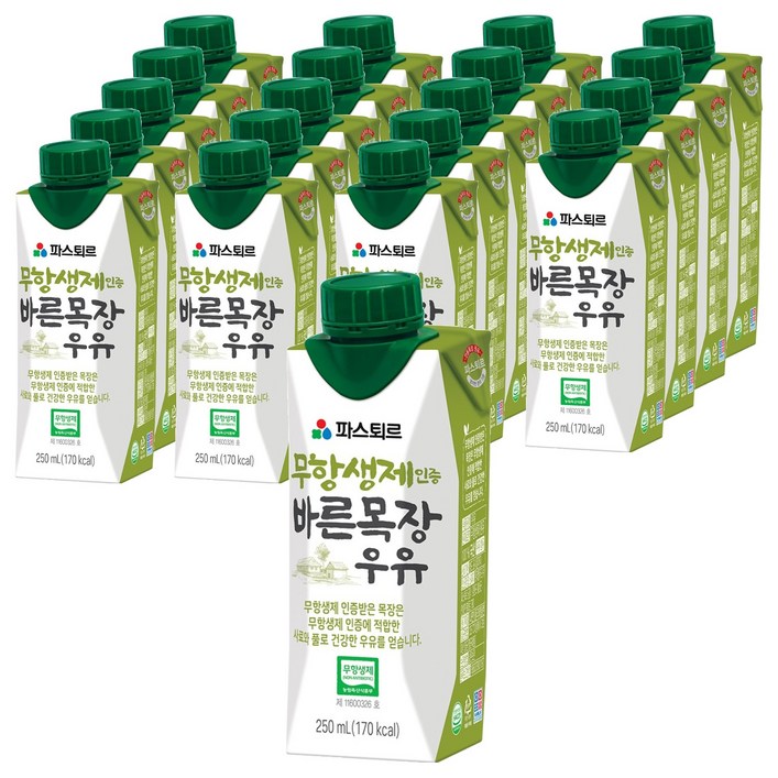 파스퇴르 바른목장 우유, 250ml, 20개 파스퇴르 바른목장 우유, 250ml, 20개