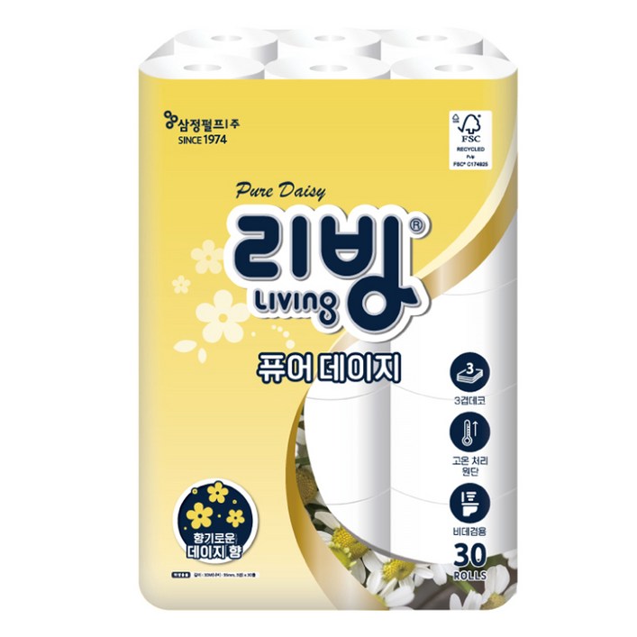 리빙티슈 3겹 퓨어 데이지 화장지 30m, 1개, 30개입