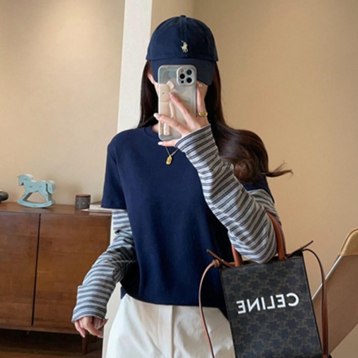 더플로우커머스 여성용 꾸안꾸 레이어드 스트라이프 긴팔 티셔츠