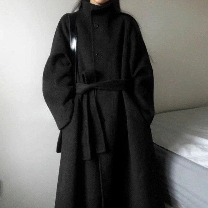 구디프 여성용 하이넥 벨티드 루즈핏 포근한 터치 롱코트