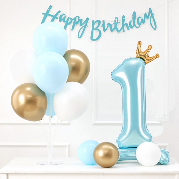 조이파티 풍선스탠드 + 생일가랜드 + 숫자풍선 생일세트 1, 블루, 1세트 - 쇼핑앤샵