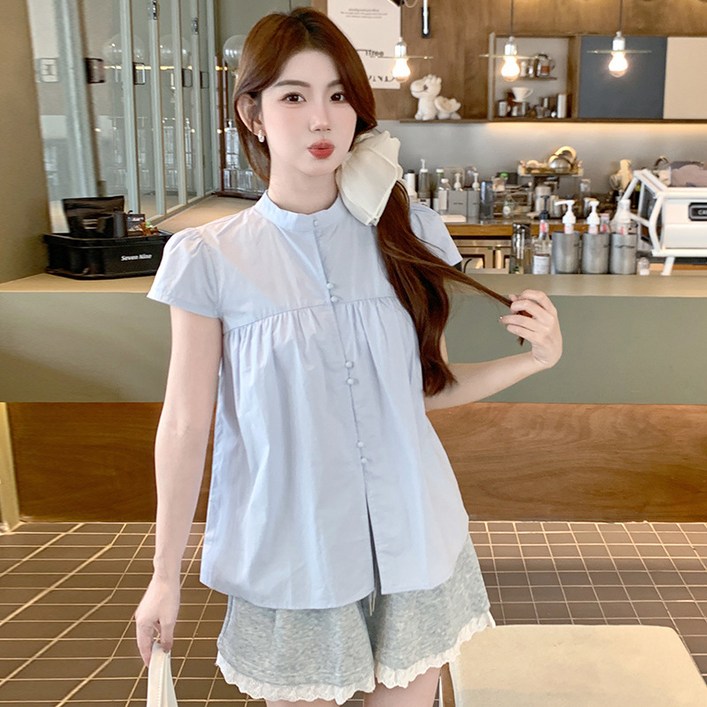 피어니스트 하프 스탠드카라 러블리 반팔 블라우스