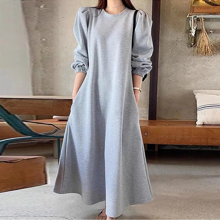 꽃소담 여성 오버핏 무지 트레이닝 롱원피스 라운드넥 긴팔 봄가을 치마 MAL26A1228