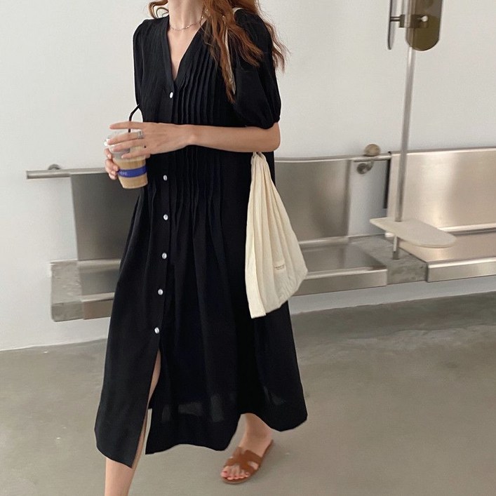 러블리 세로 핀턱 버튼 롱 원피스 3color 린넨 여름 루즈핏 주름 브이넥