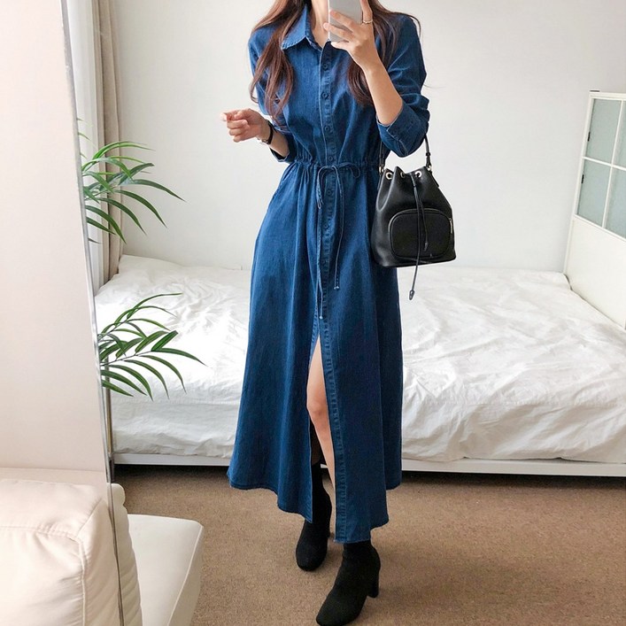 요시아나 당일발송 르베티 데님 카라넥 허리 스트링 셔츠형 롱원피스