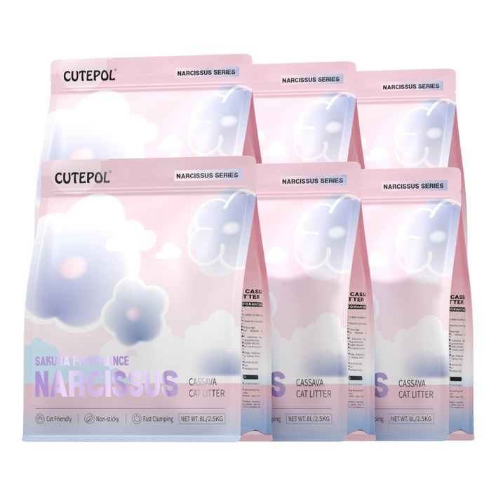Cutepol 카사바모래 캣 리터 빠른 응집 강한 흡수력 무분진, 벚꽃 향, 6팩, 2.5kg