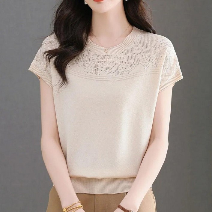 KAQIA 여름 여성 니트티 라운드넥 반팔니트 MM0304