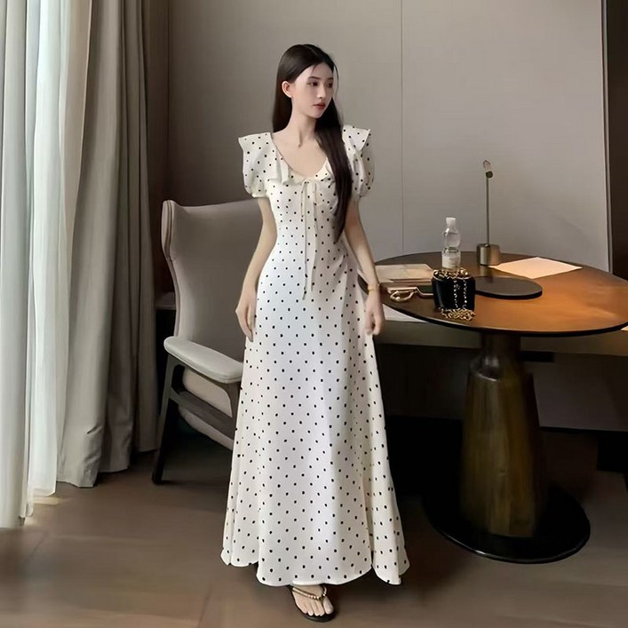 BIKASU 여성 도트 쉬폰 원피스 여름 슬림핏 프릴 퍼프 롱원피스 BIKASU 여성 도트 쉬폰 원피스 여름 슬림핏 프릴 퍼프 롱원피스
