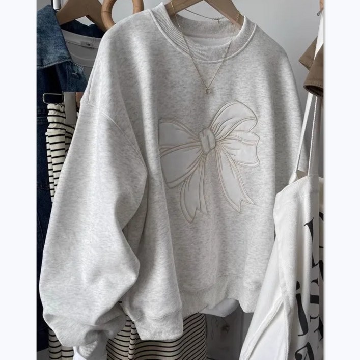 POMTOR 여성 오버핏 라운드 맨투맨 리본 루즈핏 롱 티 셔츠