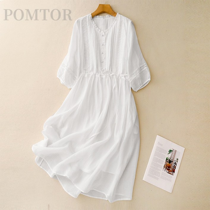 POMTOR 여성 면마 원피스 봄여름 화이트 원피스