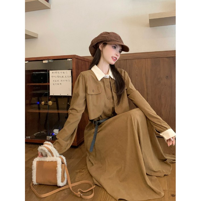 ANYOU 빅사이즈 여성 긴팔 원피스 코듀로이 롱원피스 결혼식 하객룩 패션 데일리룩 오피스룩