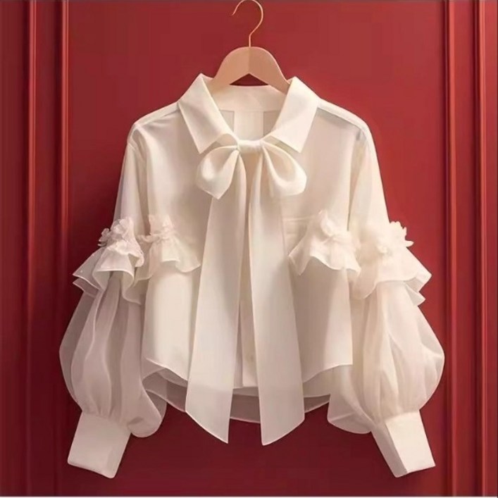 초가을 신상 프릴 톱 여 2025 고급스러운 프렌치 유니크하고 예쁜 그린 리본 긴팔 블라우스