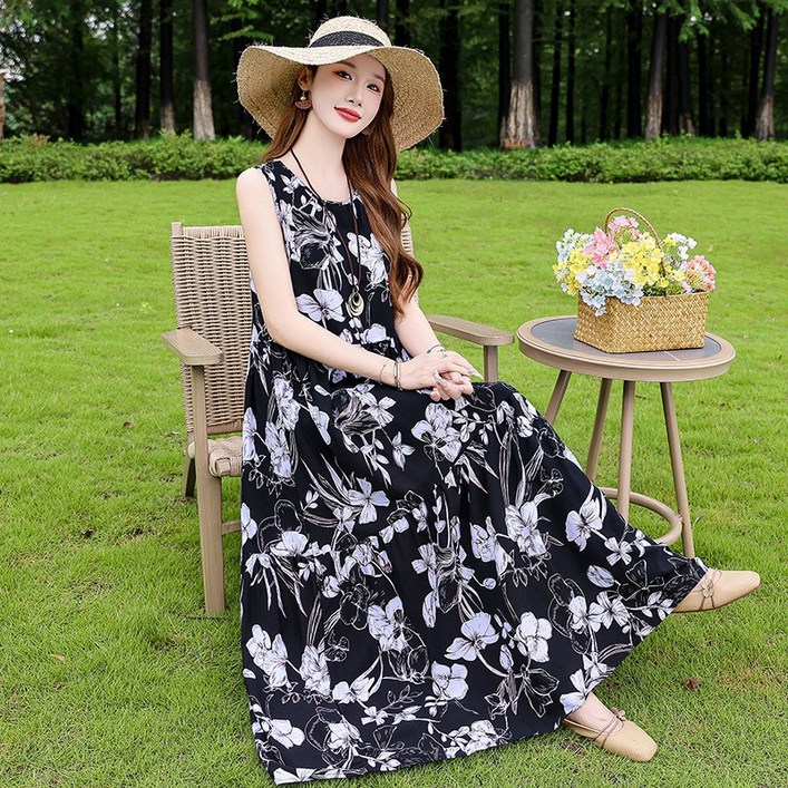 839 인견 레이온 민소매 나시 휴양지룩 빅사이즈 롱 원피스