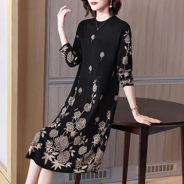 중년 여성 니트 원피스 캐주얼 롱 치마 루즈핏 레깅스 원피스 중장년 엄마 기질 반폴라 미디 원피스 CY