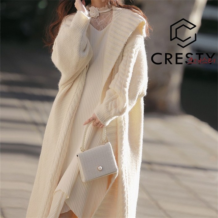 크레스티 여성 루즈핏 긴팔 니트 코트 스판 베이직 오픈 롱 가디건