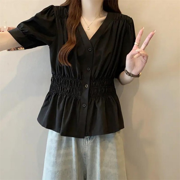 지고다그 여름 여성 브이넥 허리셔링 퍼프 반팔 블라우스 루즈핏 셔츠 상의 ZK3988 지고다그 여름 여성 브이넥 허리셔링 퍼프 반팔 블라우스 루즈핏 셔츠 상의 ZK3988