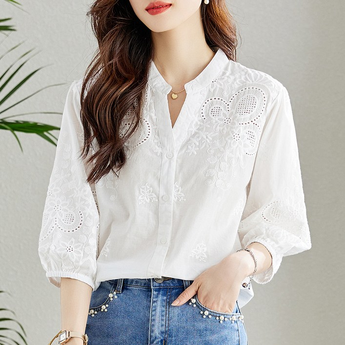 SAHINER 여성 라운드넥 레이스 포인트 7부 순면셔츠 SAHINER 여성 라운드넥 레이스 포인트 7부 순면셔츠
