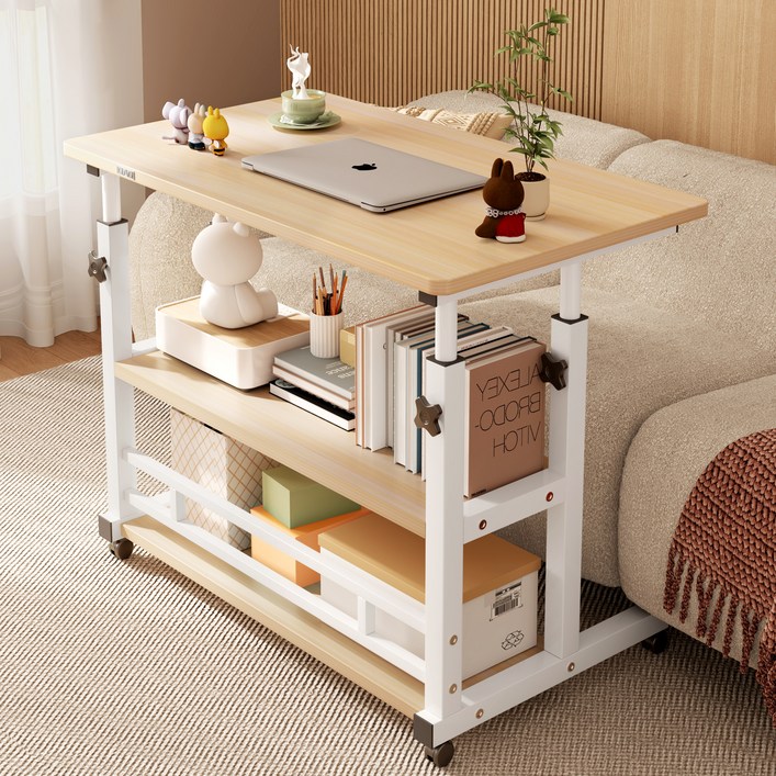 큐에이큐 만능 높이조절 3단 이동식 사이드 테이블 1인용 침대 쇼파 보조 책상, 우드