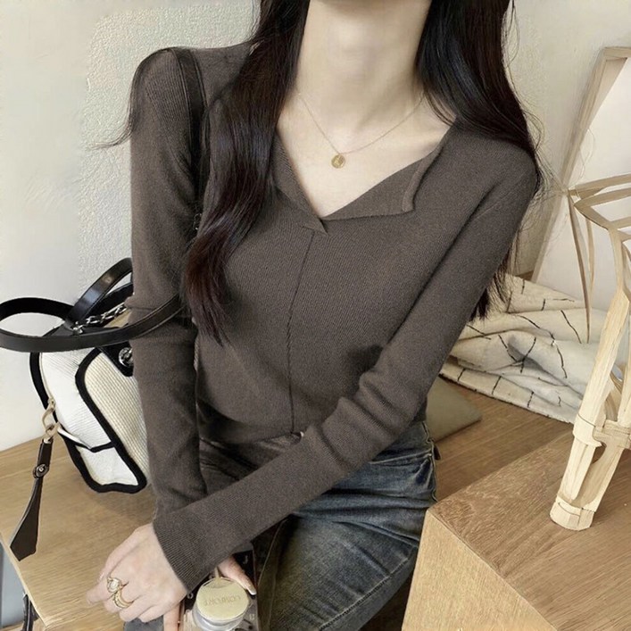 ORZQU 가을 여성 티셔츠 슬림 긴팔 브이넥 티 상의