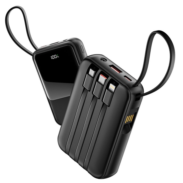 TRYSEEK 고속충전 PD 22.5W 대용량 미니 4in1 케이블 일체형 보조배터리 12000mAh 멀티단자 C타입 LED잔량, 블랙, N13