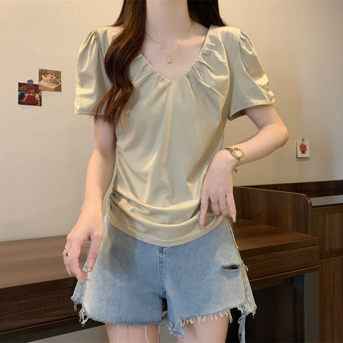 해피유통 여성 베이지 브이넥 프릴 반팔 데일리룩 톱wbr