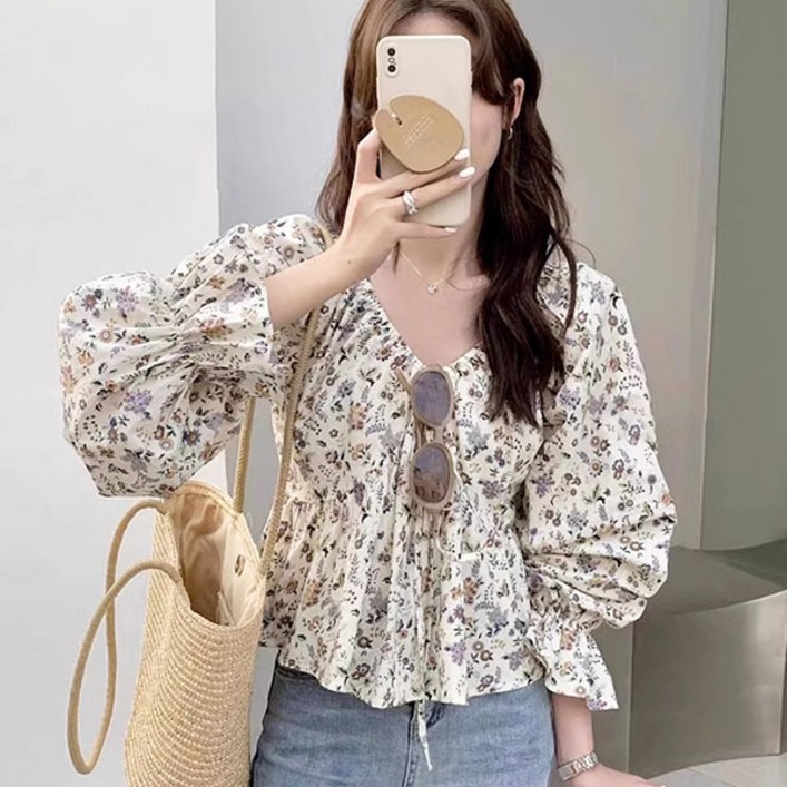 에스알비 플라워 꽃무늬 퍼프 블라우스