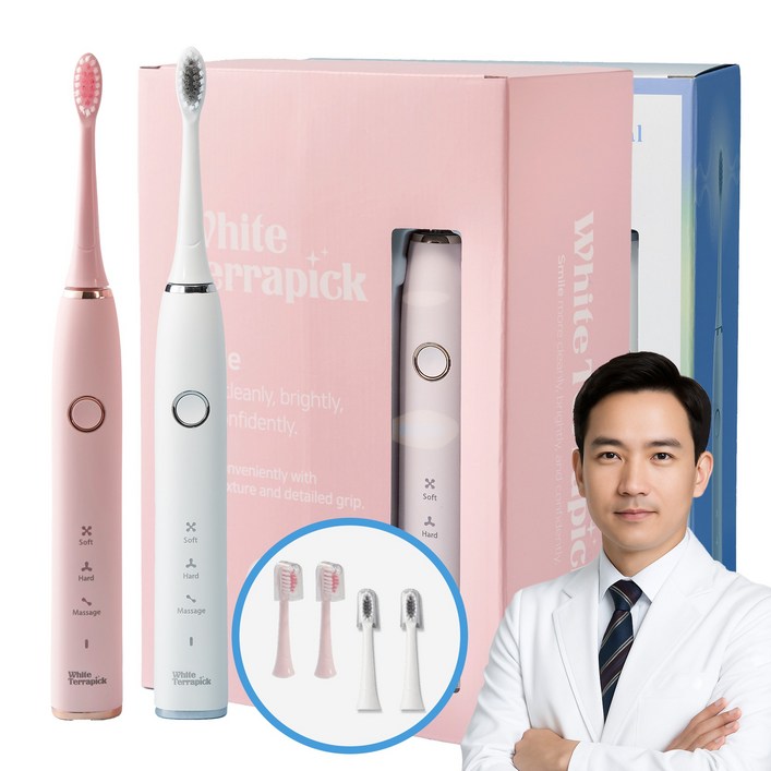 치과약국판매 프로벨 음파전동칫솔 저자극 방수 1년무상AS 칫솔모2개포함, 화이트테라픽 음파칫솔, 화이트핑크, 2개