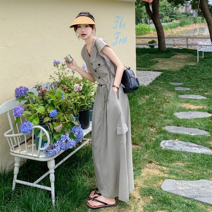 yuviny(유비니 )여성 롱 원피스 버튼 스트링 루즈핏 여름 데일리 원피스 QZ0004