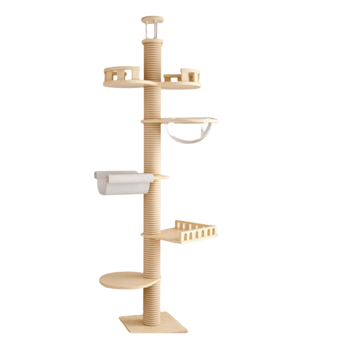 리빙가감법 대형 캣타워 고양이용 높이 조절 가능 스크래쳐 기둥이 있는 캣트리 실내 5단 고양이 등반 트리 바닥에서 천장까지의 갯폴, 1개, 원목색