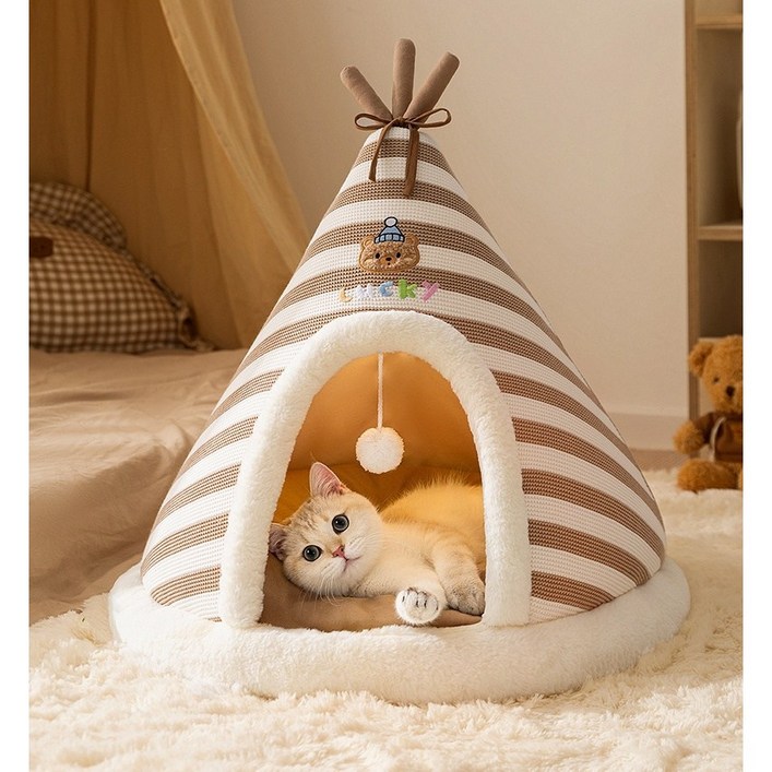 즈이리빙 니트 보온 고양이 숨숨집 텐트 강아지 집, 1개, 브라운