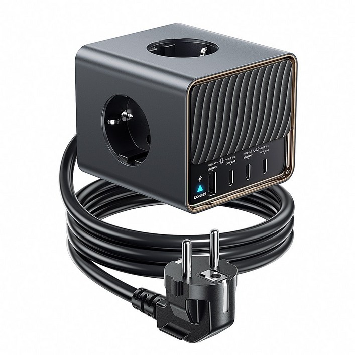 Toocki GaN PD 67W PPS 3C1A 4포트 3구 4000W 고용량 고속충전 큐브 멀티탭, 1개, 블랙, 2m